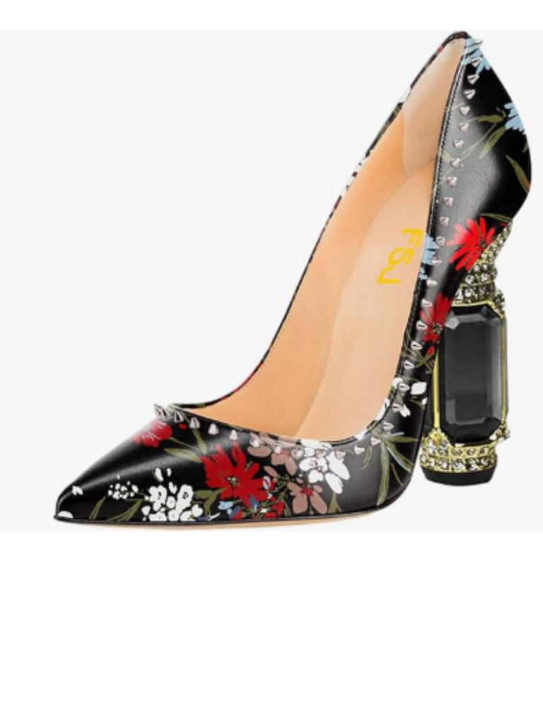Fsj Black Flower Bridal Pointed Toe Chunky High Heel Crystal Slip On Pumps
